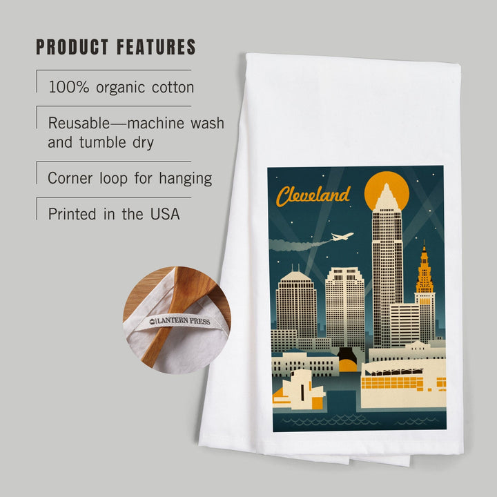 Cleveland, Ohio, Retro Skyline, Organic Cotton Kitchen Tea Towels Kitchen Lantern Press 