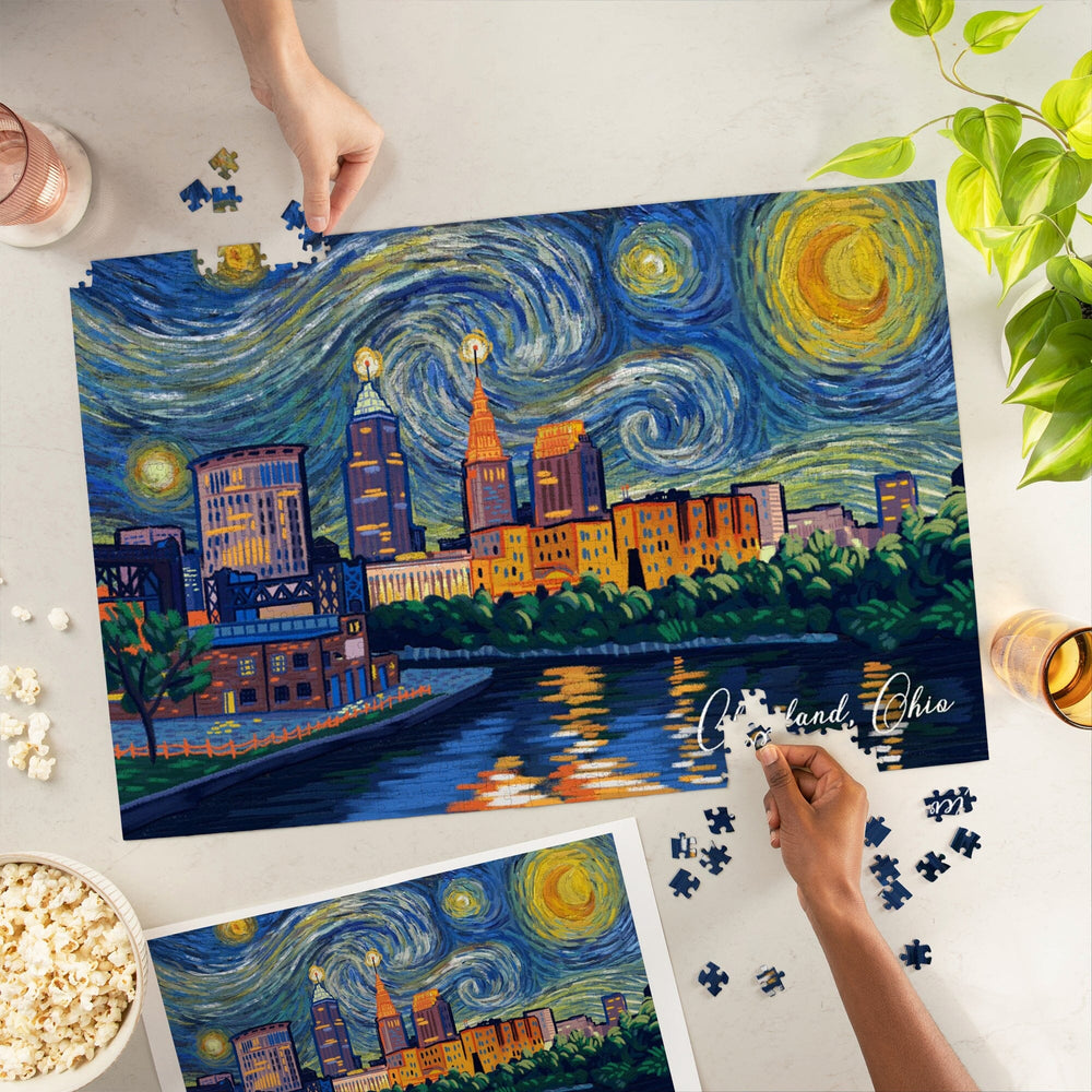 Cleveland, Ohio, Starry Night, City Skyline, Jigsaw Puzzle Puzzle Lantern Press 