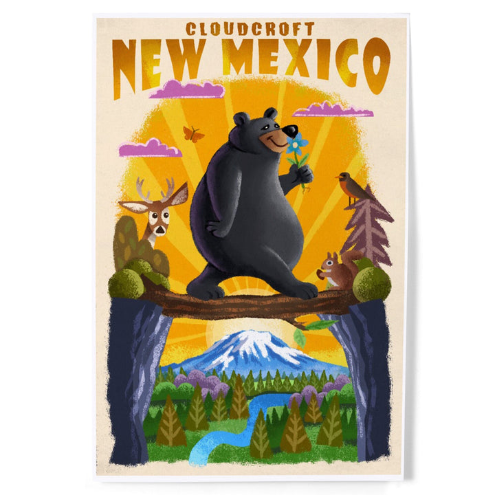 Cloudcroft, New Mexico, Mid Century Inspired, Black Bear on Log Bridge, Art & Giclee Prints Art Lantern Press 