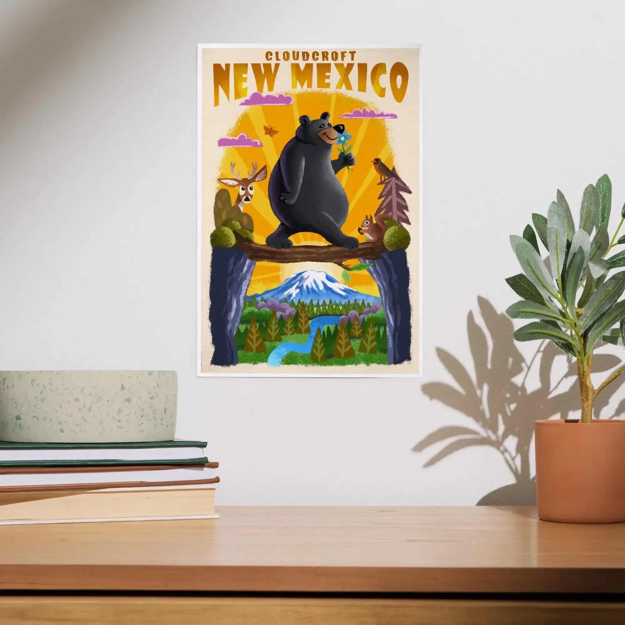 Cloudcroft, New Mexico, Mid Century Inspired, Black Bear on Log
