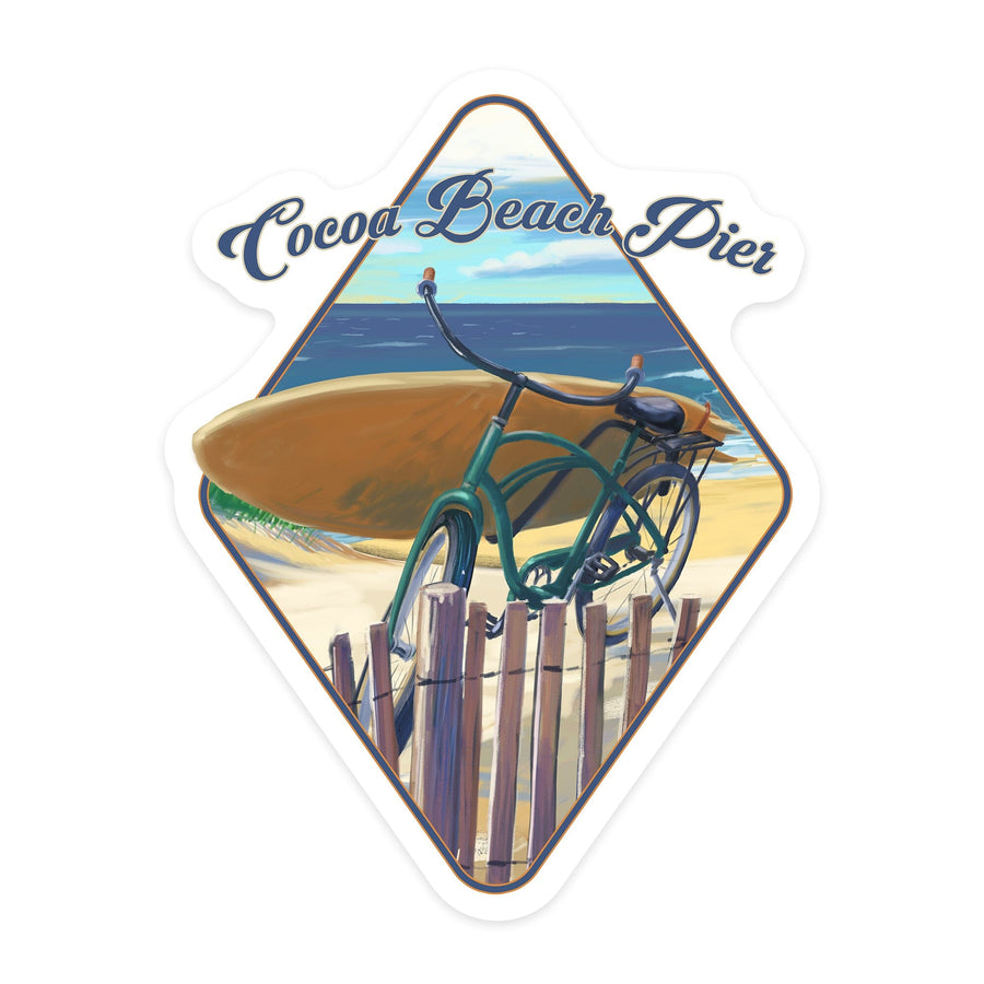 Cocoa Beach Pier, Florida, Beach Cruiser on Beach, Contour, Vinyl Sticker Sticker Lantern Press 
