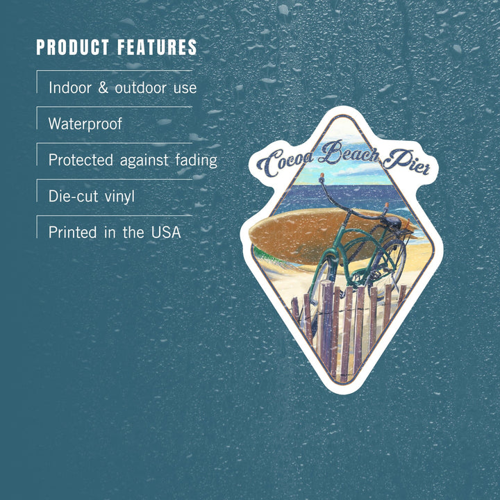 Cocoa Beach Pier, Florida, Beach Cruiser on Beach, Contour, Vinyl Sticker Sticker Lantern Press 
