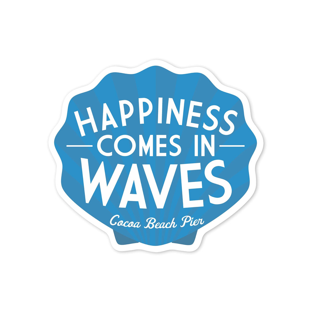 Cocoa Beach Pier, Florida, Happiness Comes in Waves, Simply Said, Contour, Vinyl Sticker Sticker Lantern Press 