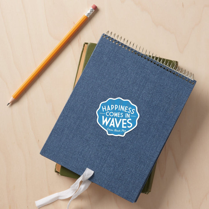 Cocoa Beach Pier, Florida, Happiness Comes in Waves, Simply Said, Contour, Vinyl Sticker Sticker Lantern Press 