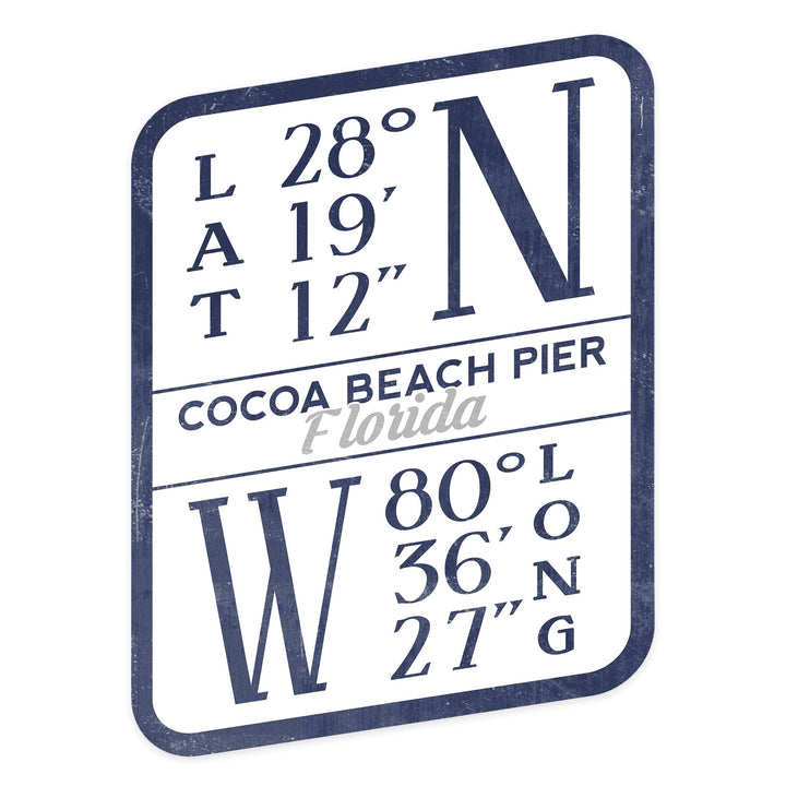 Cocoa Beach Pier, Florida, Latitude and Longitude (Blue), Contour, Vinyl Sticker Sticker Lantern Press 