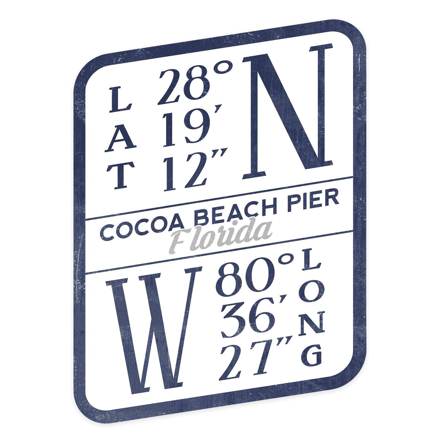 Cocoa Beach Pier, Florida, Latitude and Longitude (Blue), Contour, Vinyl Sticker Sticker Lantern Press 