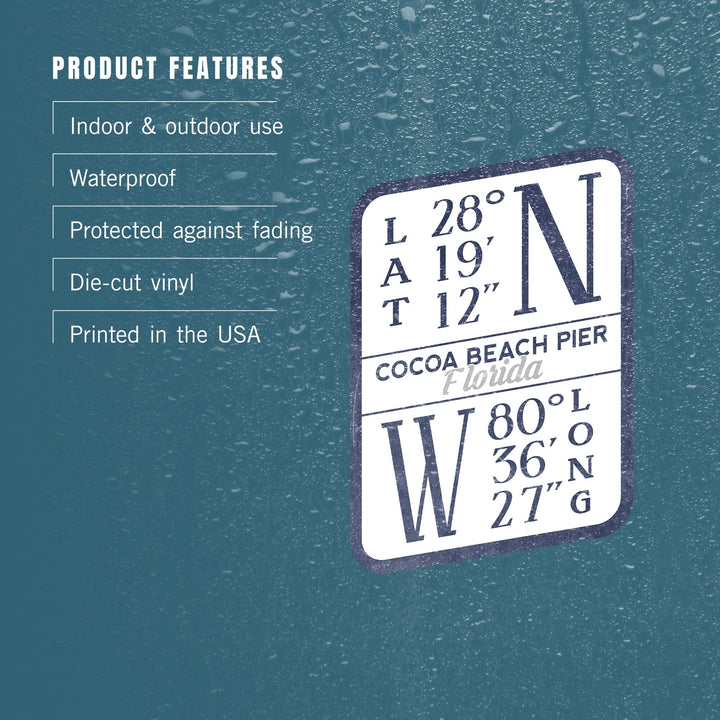 Cocoa Beach Pier, Florida, Latitude and Longitude (Blue), Contour, Vinyl Sticker Sticker Lantern Press 