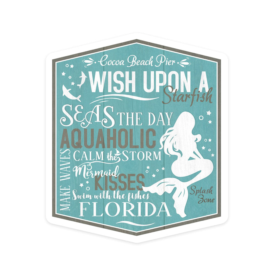 Cocoa Beach Pier, Florida, Mermaid Typography, Contour, Vinyl Sticker Sticker Lantern Press 