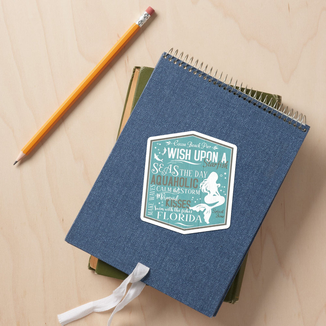 Cocoa Beach Pier, Florida, Mermaid Typography, Contour, Vinyl Sticker Sticker Lantern Press 