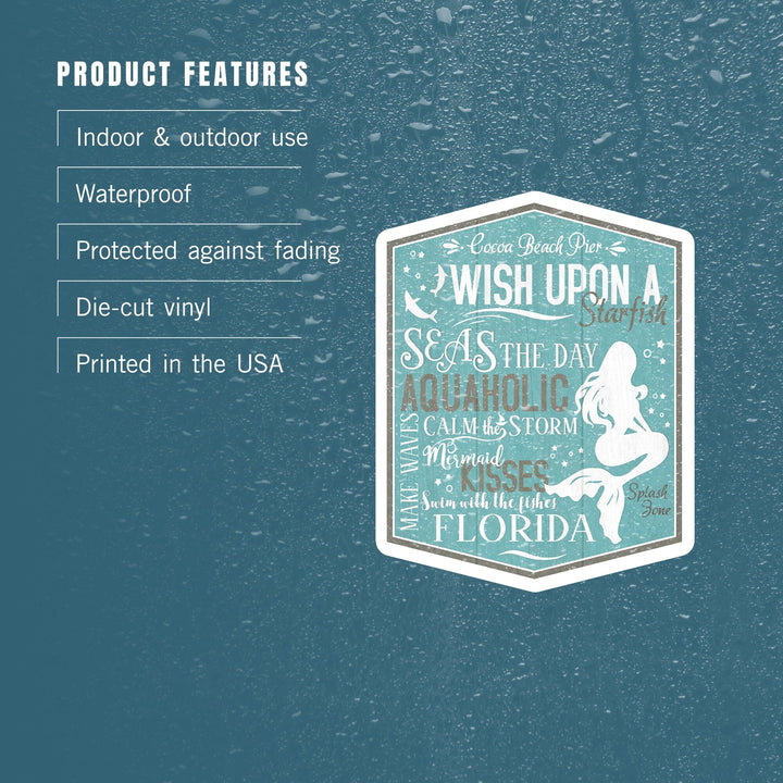 Cocoa Beach Pier, Florida, Mermaid Typography, Contour, Vinyl Sticker Sticker Lantern Press 