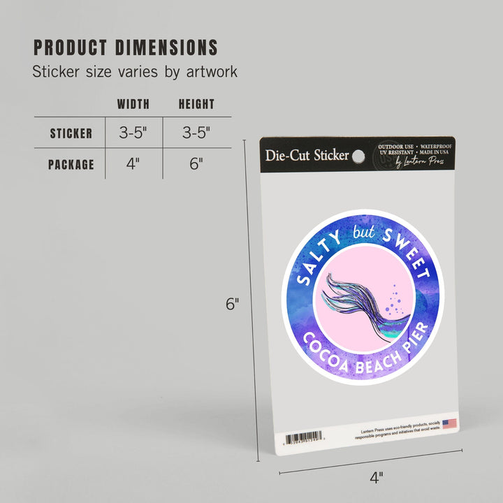 Cocoa Beach Pier, Florida, Salty But Sweet, Mermaid Tale, Contour, Vinyl Sticker Sticker Lantern Press 