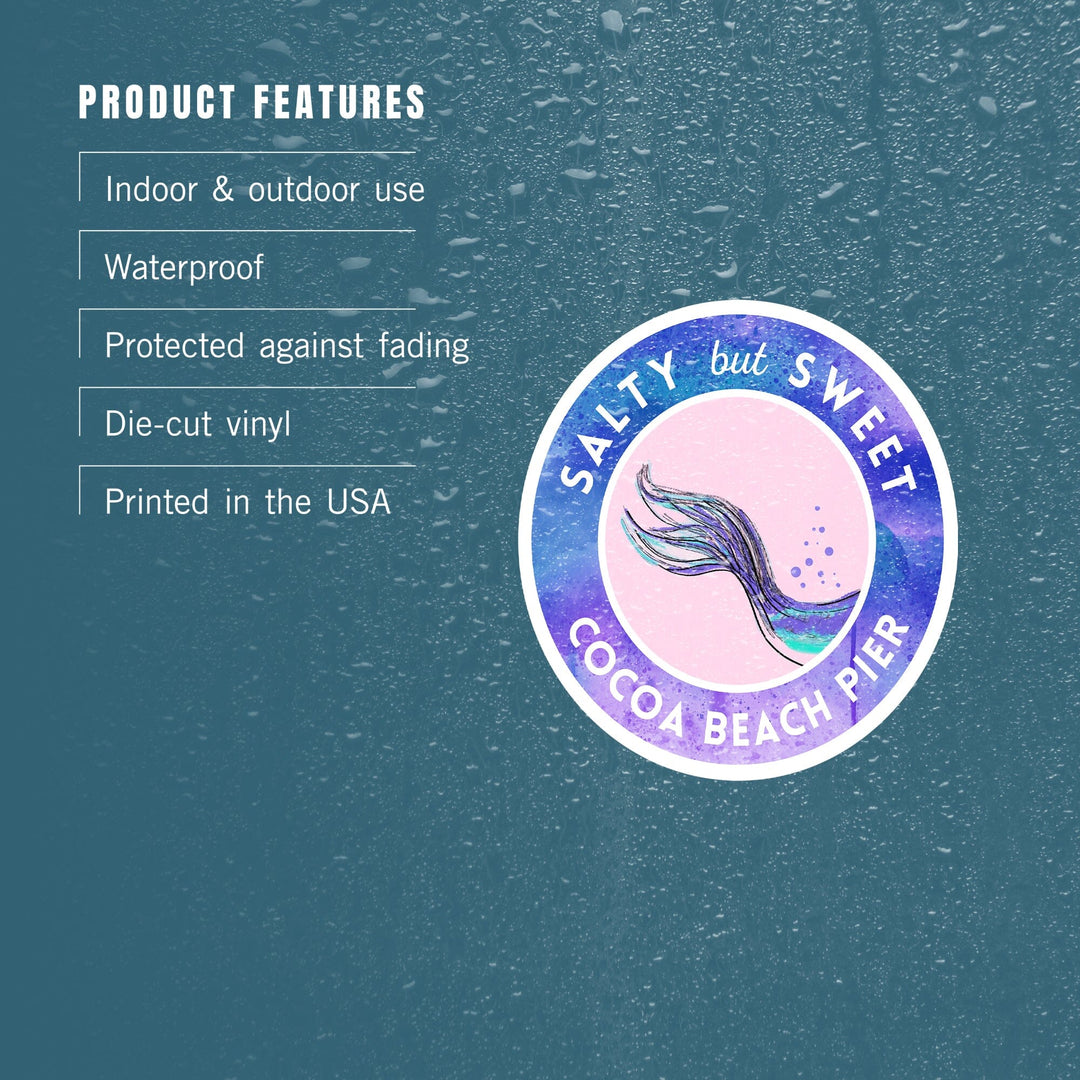 Cocoa Beach Pier, Florida, Salty But Sweet, Mermaid Tale, Contour, Vinyl Sticker Sticker Lantern Press 