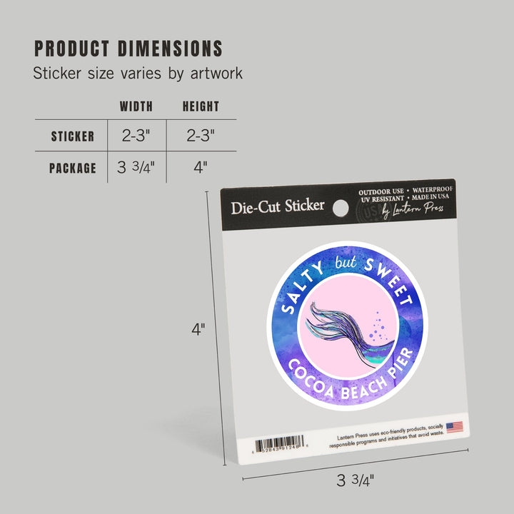 Cocoa Beach Pier, Florida, Salty But Sweet, Mermaid Tale, Contour, Vinyl Sticker Sticker Lantern Press 