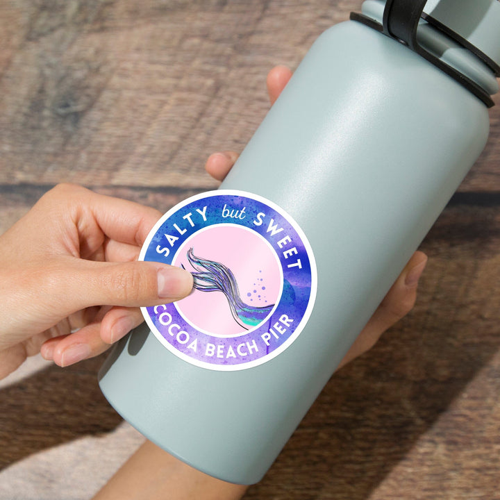Cocoa Beach Pier, Florida, Salty But Sweet, Mermaid Tale, Contour, Vinyl Sticker Sticker Lantern Press 