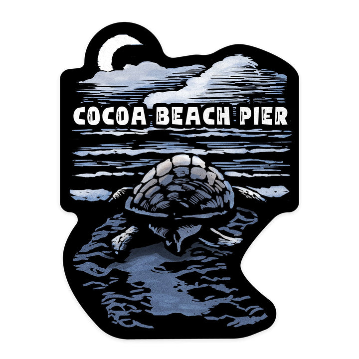 Cocoa Beach Pier, Florida, Sea Turtle on Beach, Scratchboard, Contour, Vinyl Sticker Sticker Lantern Press 