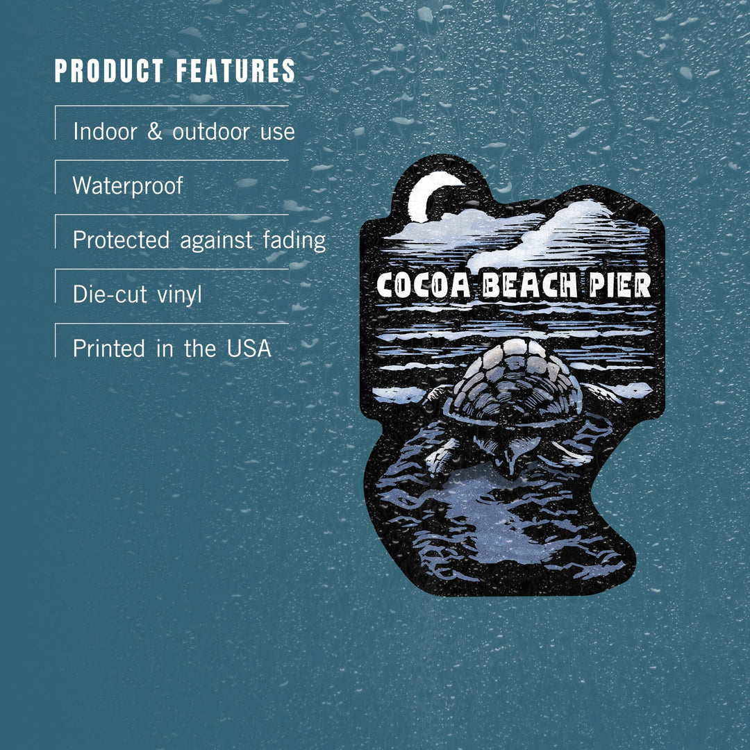 Cocoa Beach Pier, Florida, Sea Turtle on Beach, Scratchboard, Contour, Vinyl Sticker Sticker Lantern Press 