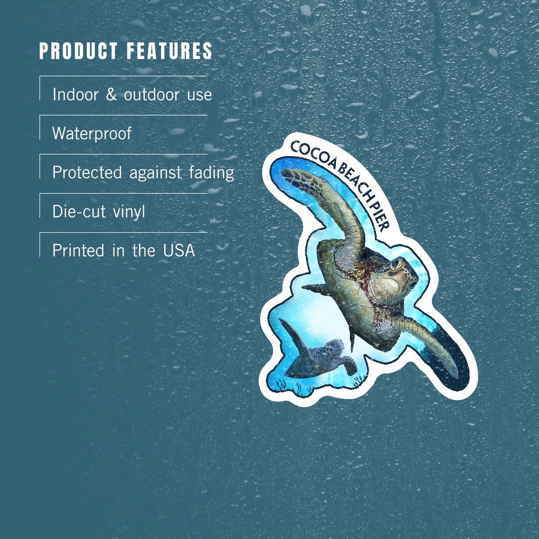 Cocoa Beach Pier, Florida, Sea Turtles Diving, Contour, Vinyl Sticker Sticker Lantern Press 