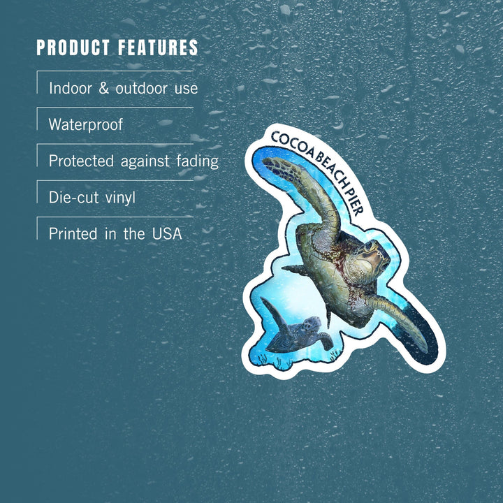 Cocoa Beach Pier, Florida, Sea Turtles Diving, Contour, Vinyl Sticker Sticker Lantern Press 