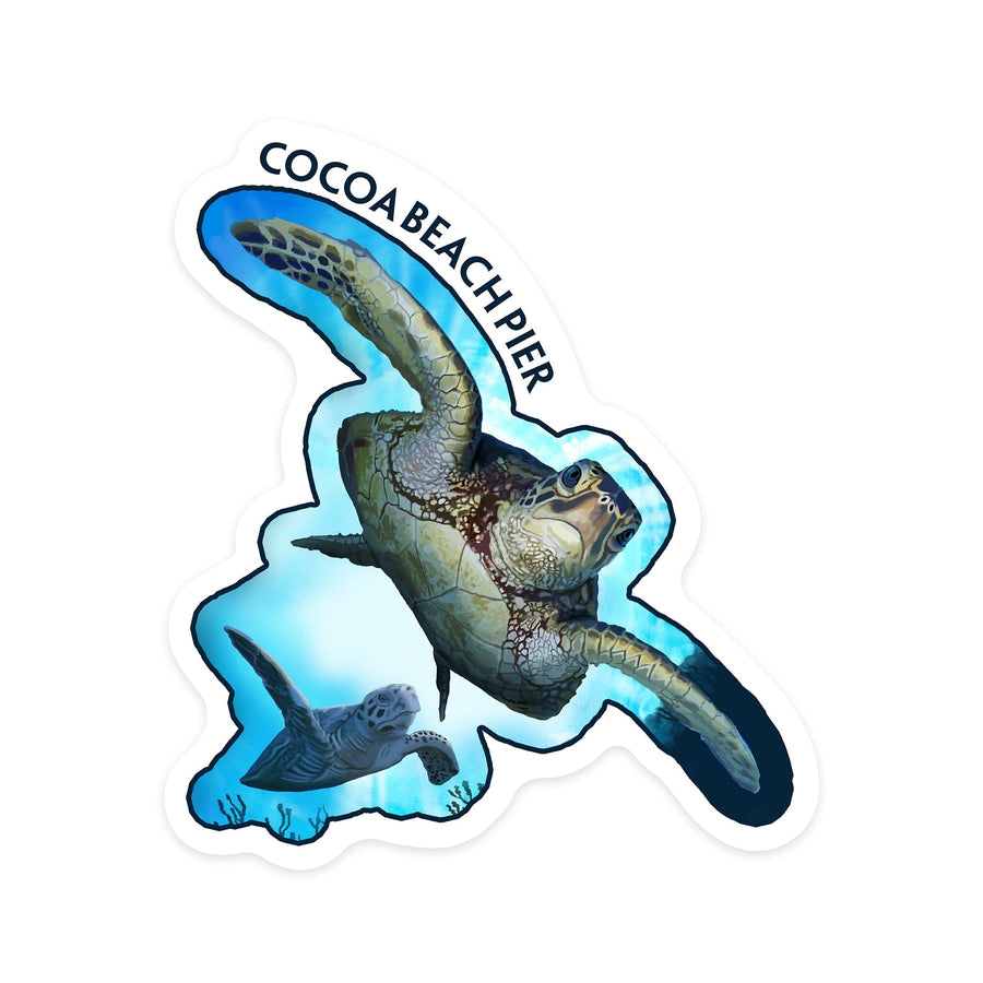 Cocoa Beach Pier, Florida, Sea Turtles Diving, Contour, Vinyl Sticker Sticker Lantern Press 