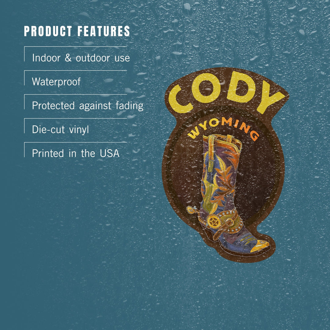 Cody, Wyoming, Boot, Contour, Lantern Press Artwork, Vinyl Sticker Sticker Lantern Press 
