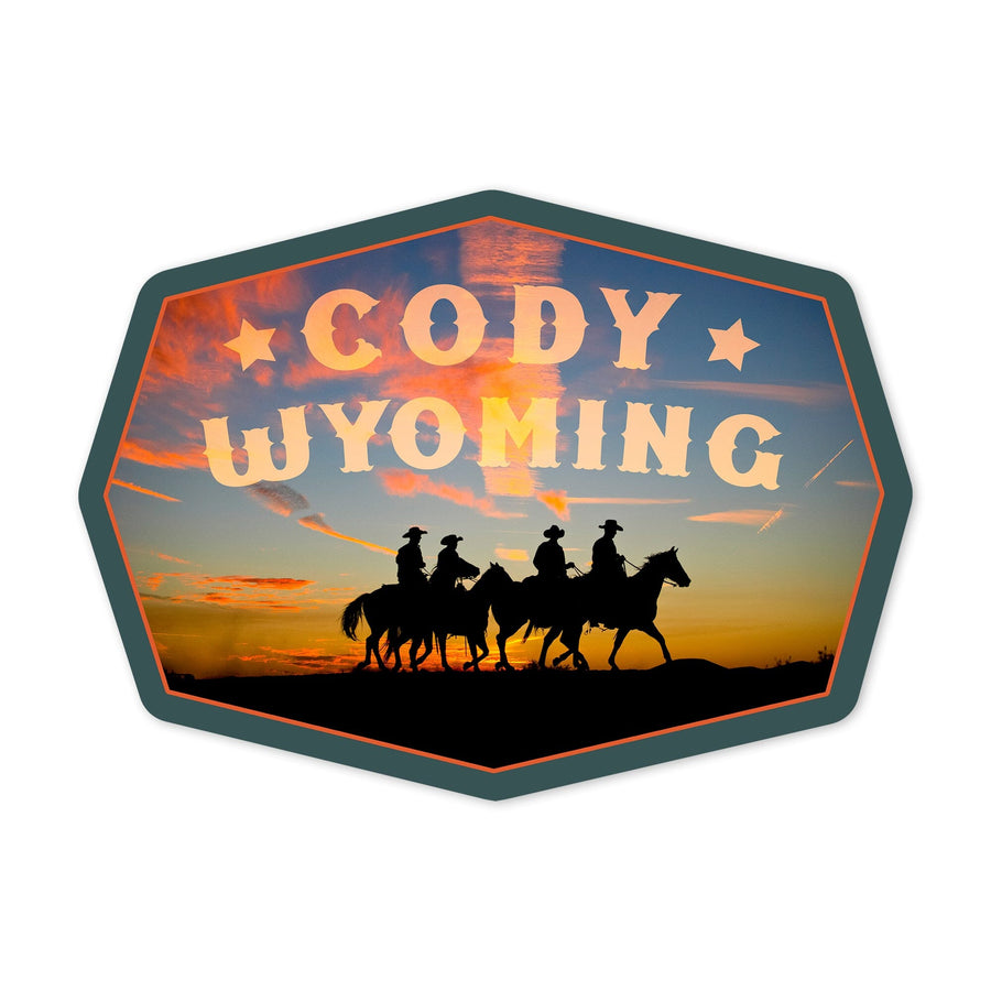 Cody, Wyoming, Cowboys at Sunset, Contour, Lantern Press Photography, Vinyl Sticker Sticker Lantern Press 