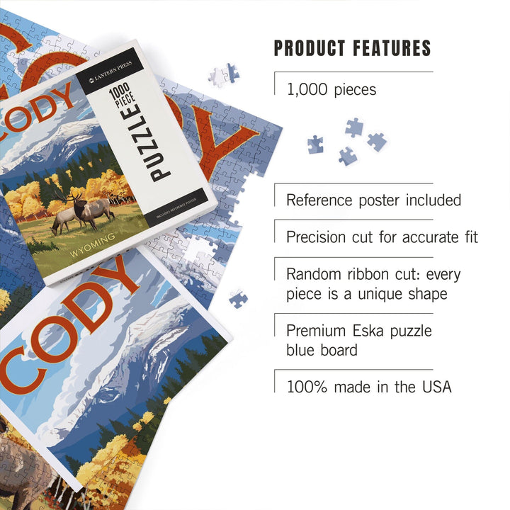 Cody, Wyoming, Elk and Mountains, Jigsaw Puzzle Puzzle Lantern Press 