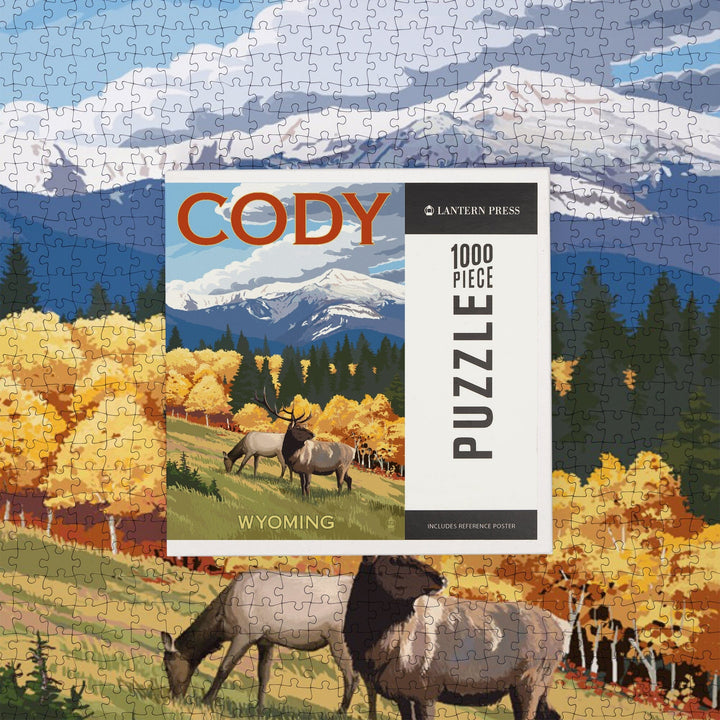 Cody, Wyoming, Elk and Mountains, Jigsaw Puzzle Puzzle Lantern Press 