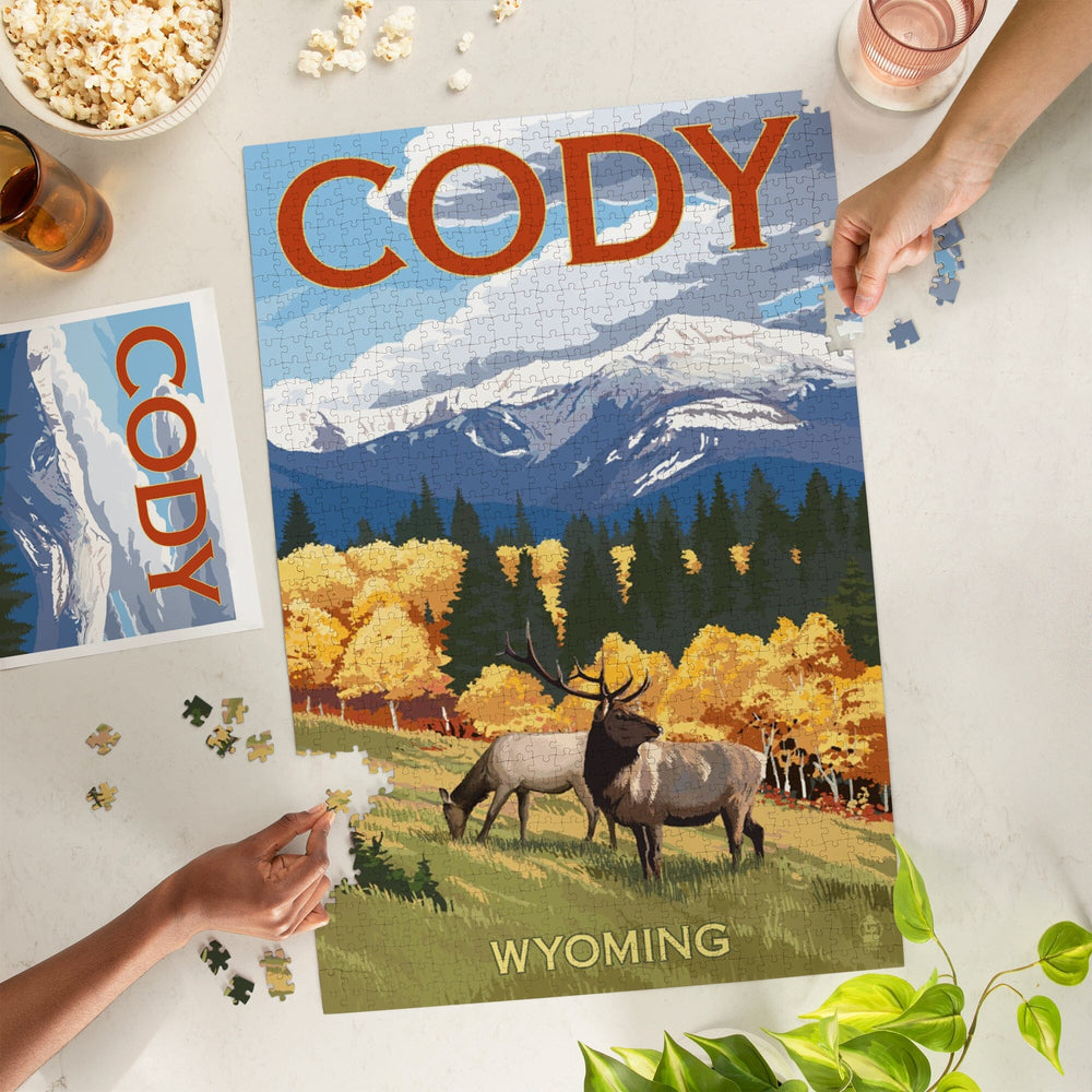Cody, Wyoming, Elk and Mountains, Jigsaw Puzzle Puzzle Lantern Press 