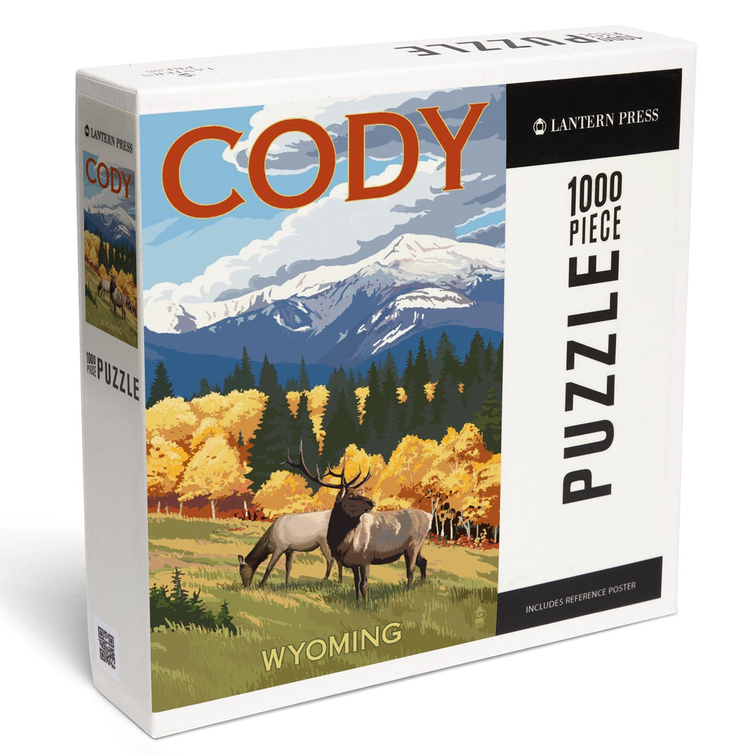 Cody, Wyoming, Elk and Mountains, Jigsaw Puzzle Puzzle Lantern Press 