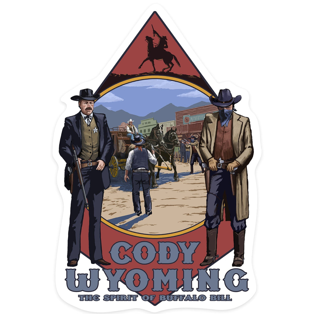 Cody, Wyoming, Shootout Scene, Contour, Vinyl Sticker Sticker Lantern Press 