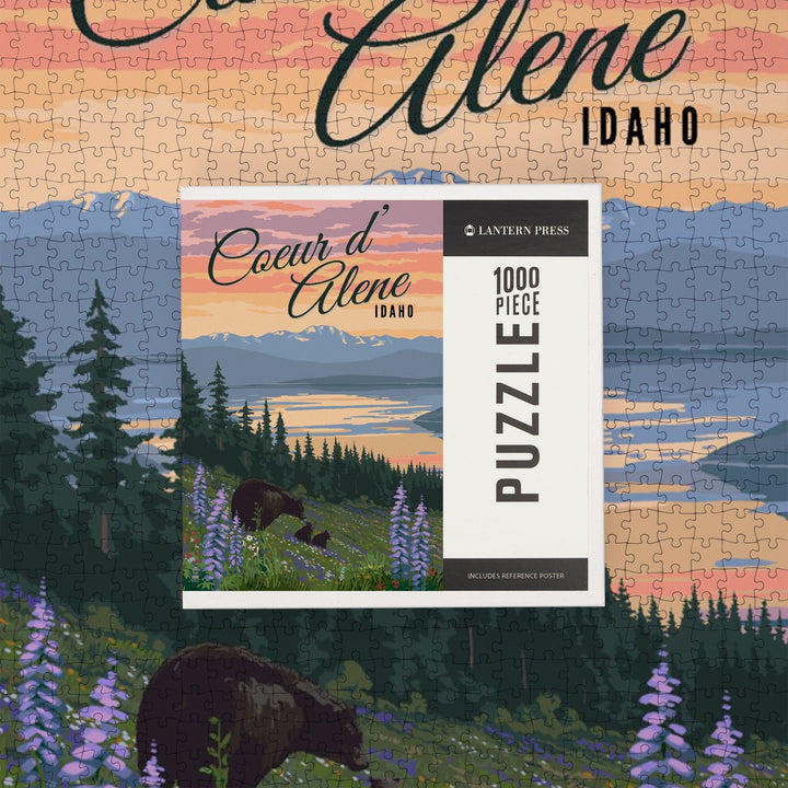 Coeur d'Alene, Idaho, Bear and Spring Flowers, Jigsaw Puzzle Puzzle Lantern Press 