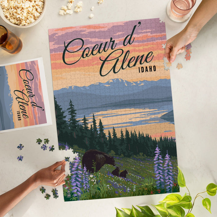 Coeur d'Alene, Idaho, Bear and Spring Flowers, Jigsaw Puzzle Puzzle Lantern Press 