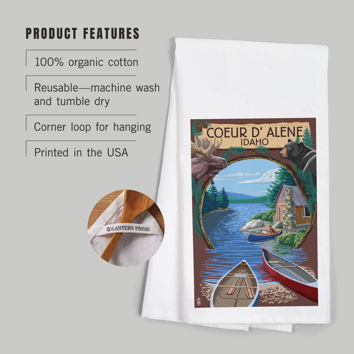 Coeur d'Alene, Idaho, Cabin on the Lake, Montage, Organic Cotton Kitchen Tea Towels Kitchen Lantern Press 