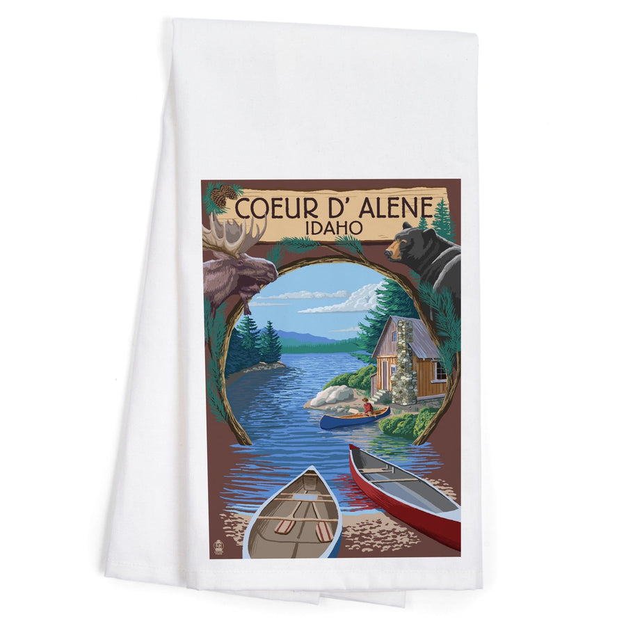 Coeur d'Alene, Idaho, Cabin on the Lake, Montage, Organic Cotton Kitchen Tea Towels Kitchen Lantern Press 
