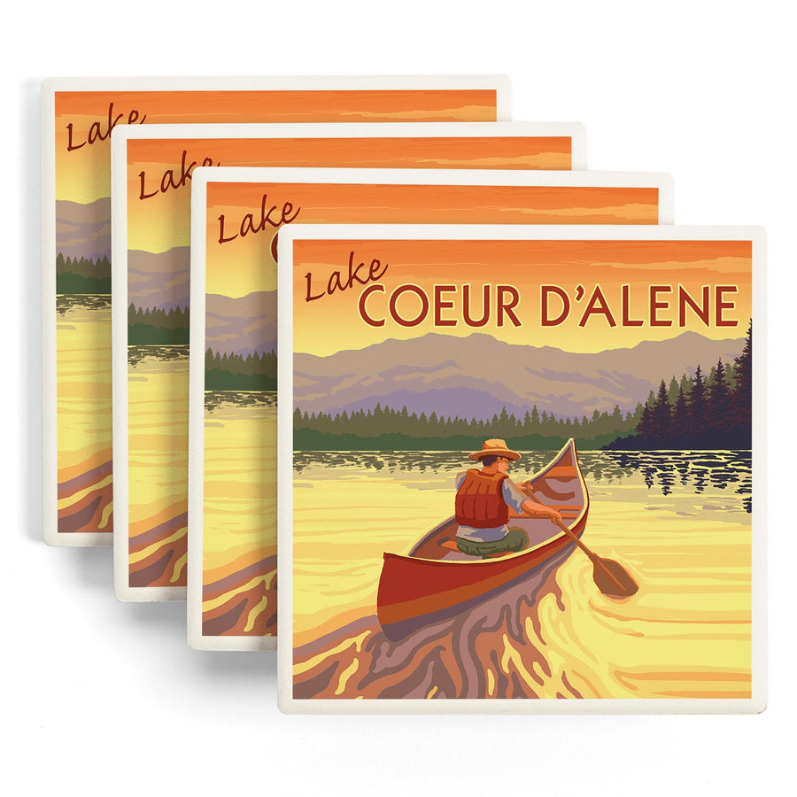 Coeur D'Alene, Idaho, Canoe Scene, Lantern Press Artwork, Coaster Set - Lantern Press