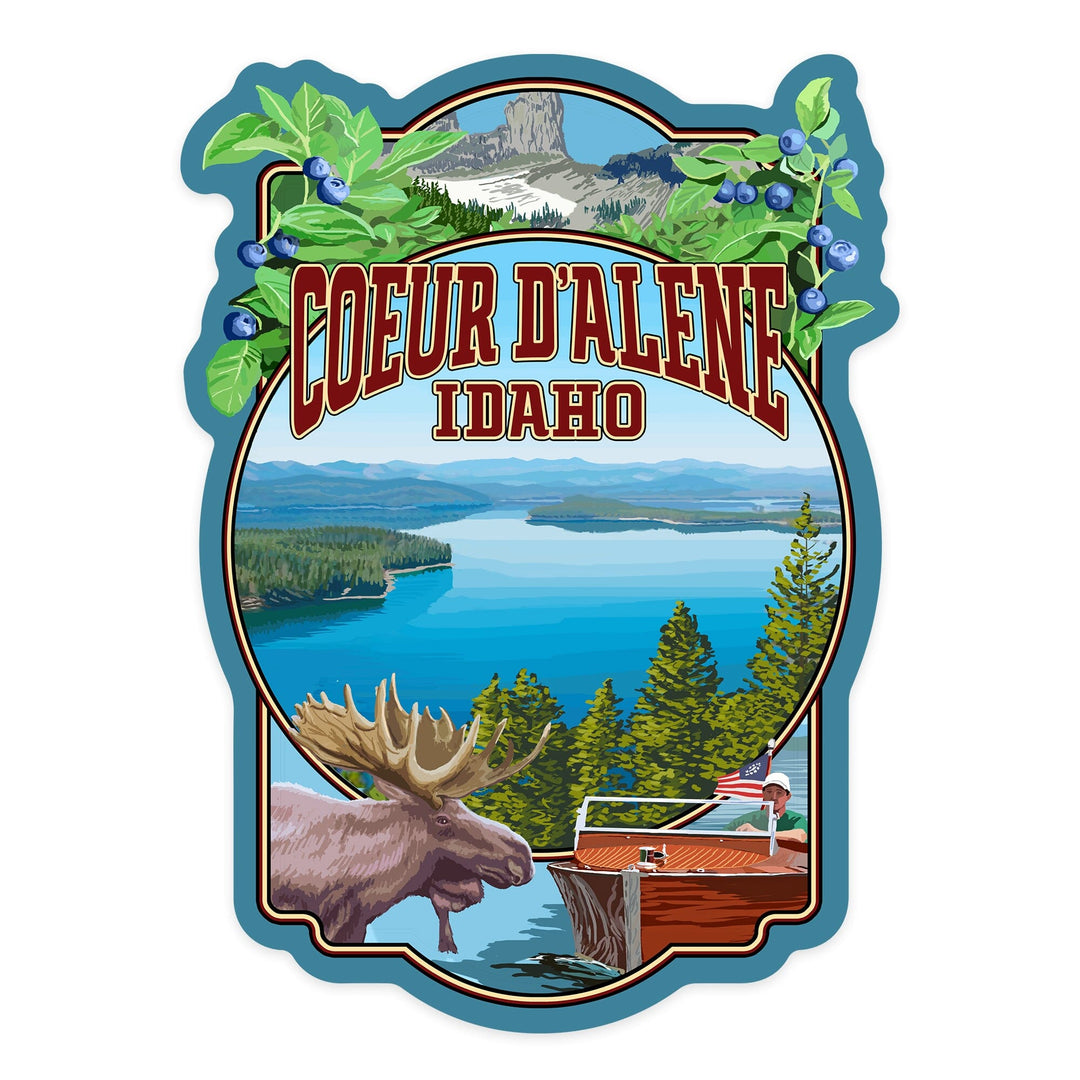 Coeur d'Alene, Idaho, Montage Scene, Contour, Vinyl Sticker - Lantern Press