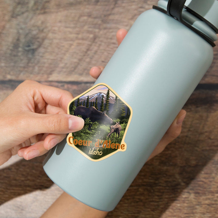 Coeur d'Alene, Idaho, Moose and Calf, Contour, Vinyl Sticker Sticker Lantern Press 