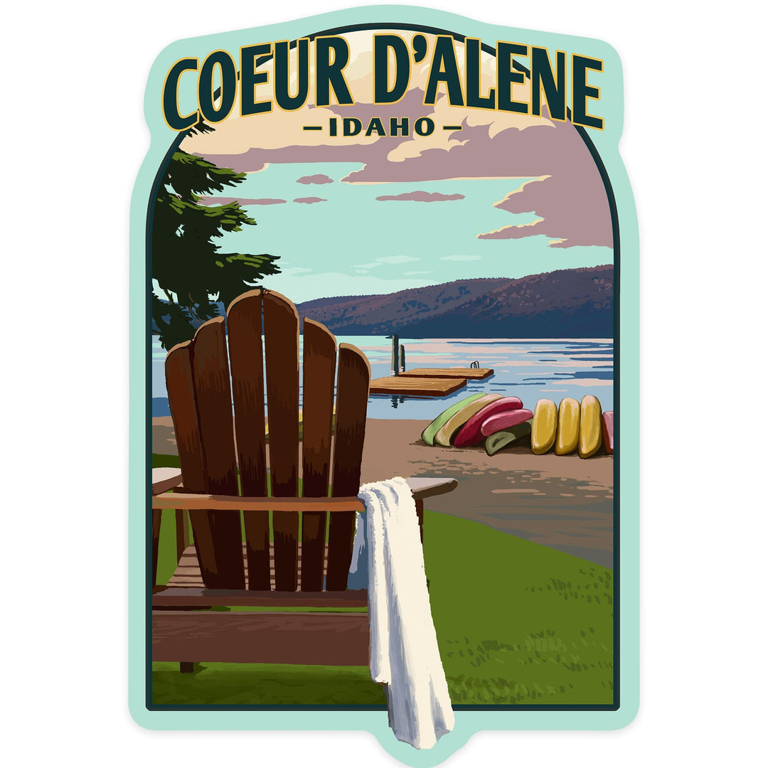 Coeur d'Alene, Idaho, Painterly, Adirondack Chairs and Lake, Contour, Vinyl Sticker - Lantern Press