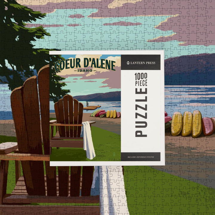 Coeur d'Alene, Idaho, Painterly, Adirondack Chairs and Lake, Jigsaw Puzzle Puzzle Lantern Press 