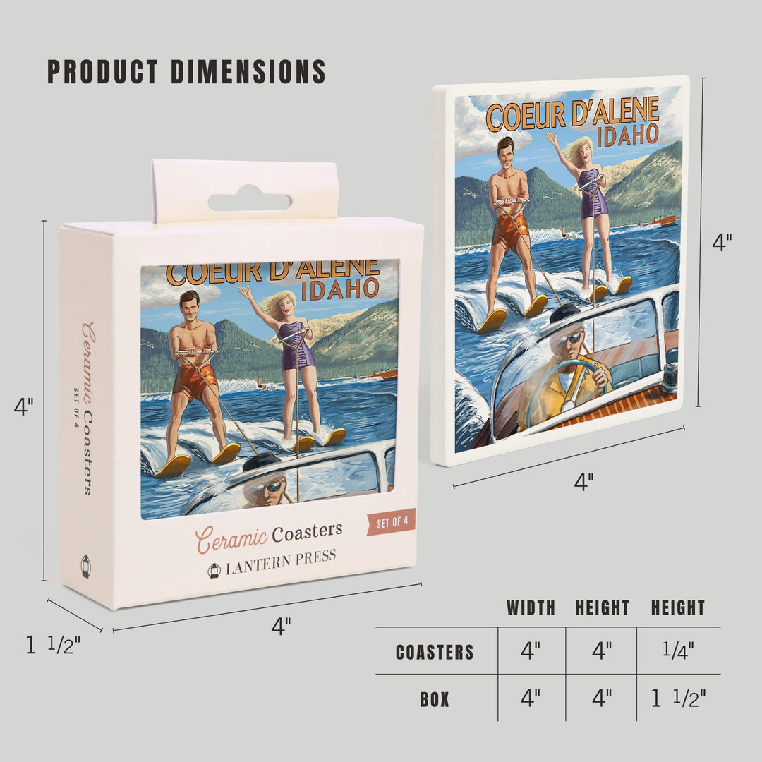 Coeur d'Alene, Idaho, Water Skiing Scene, Coasters Coasters Lantern Press 