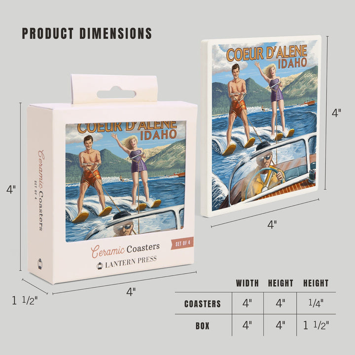 Coeur d'Alene, Idaho, Water Skiing Scene, Coasters Coasters Lantern Press 