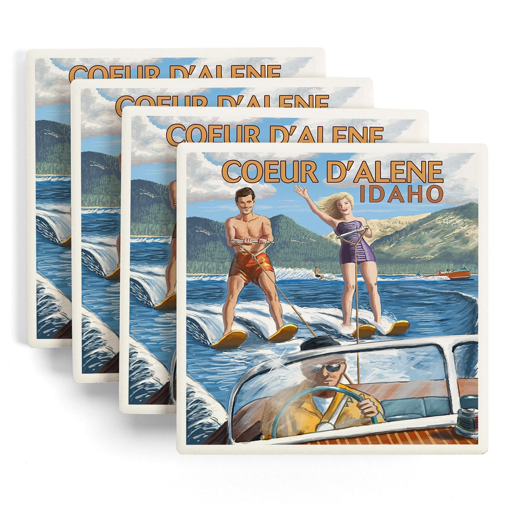 Coeur d'Alene, Idaho, Water Skiing Scene, Coasters Coasters Lantern Press 