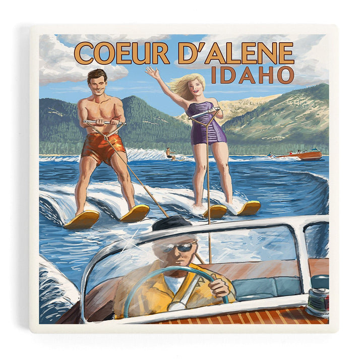 Coeur d'Alene, Idaho, Water Skiing Scene, Coasters Coasters Lantern Press 