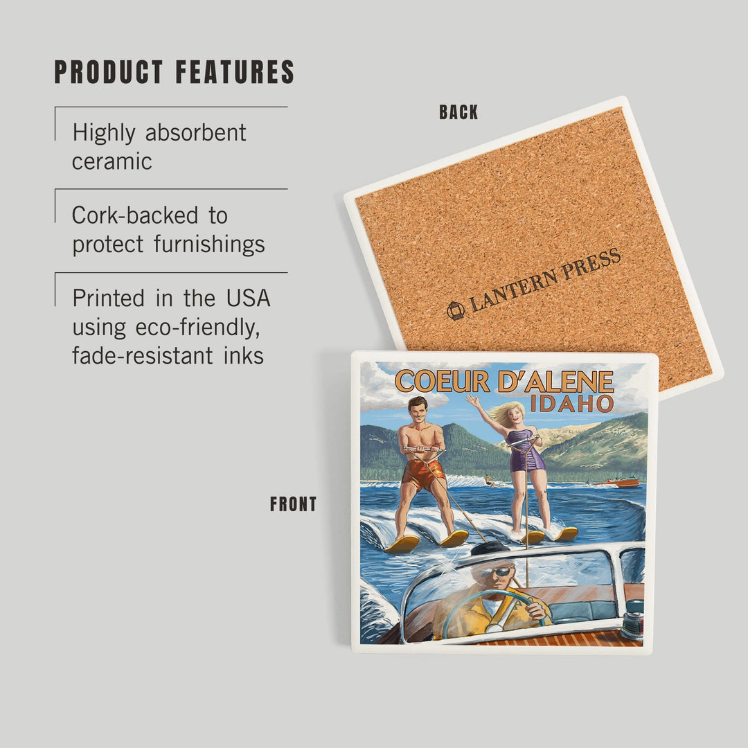 Coeur d'Alene, Idaho, Water Skiing Scene, Coasters Coasters Lantern Press 
