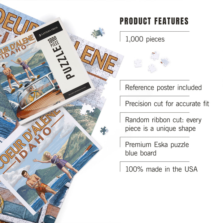 Coeur d'Alene, Idaho, Water Skiing Scene, Jigsaw Puzzle Puzzle Lantern Press 