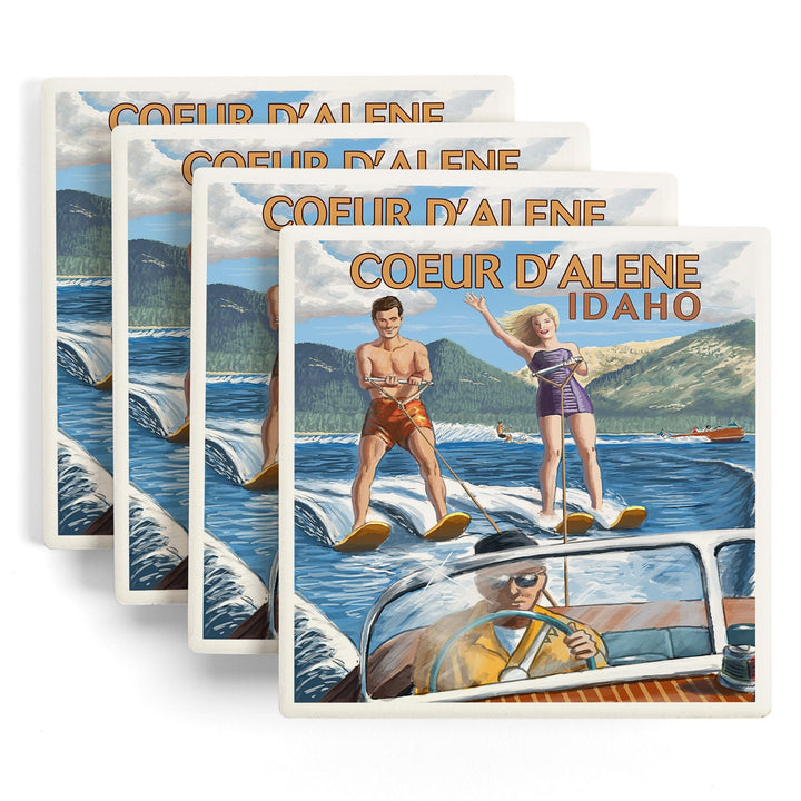 Coeur D'Alene, Idaho, Water Skiing Scene, Lantern Press Artwork, Coaster Set - Lantern Press