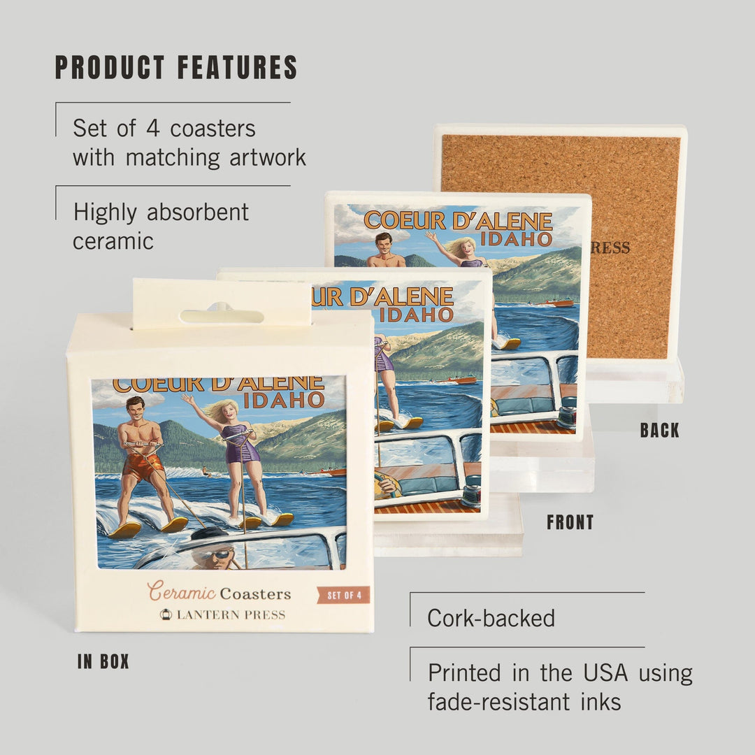 Coeur D'Alene, Idaho, Water Skiing Scene, Lantern Press Artwork, Coaster Set - Lantern Press