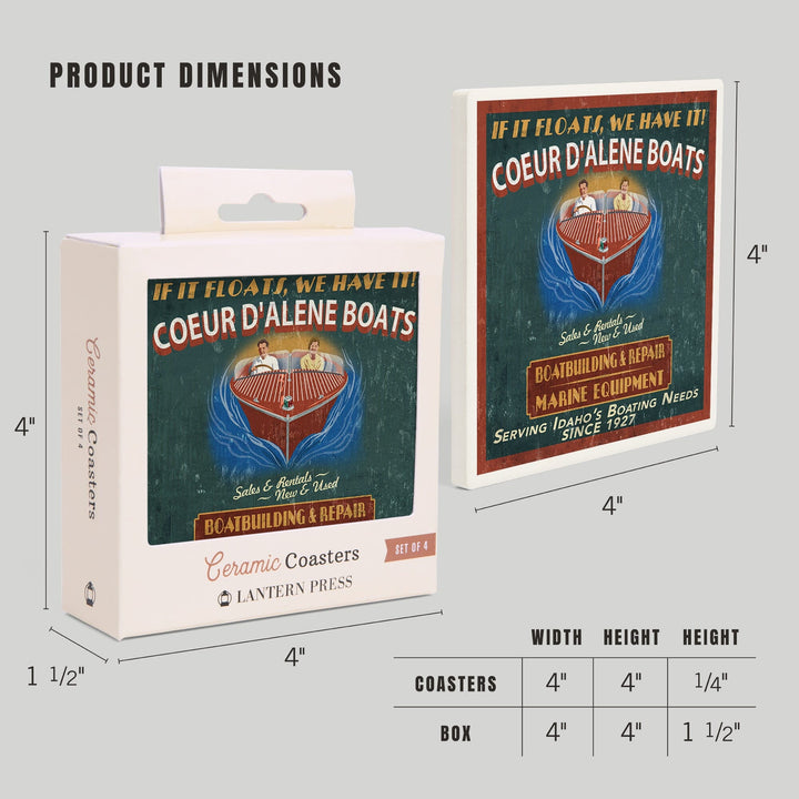Coeur d'Alene, Idaho, Wooden Boats Vintage Sign, Coasters Coasters Lantern Press 
