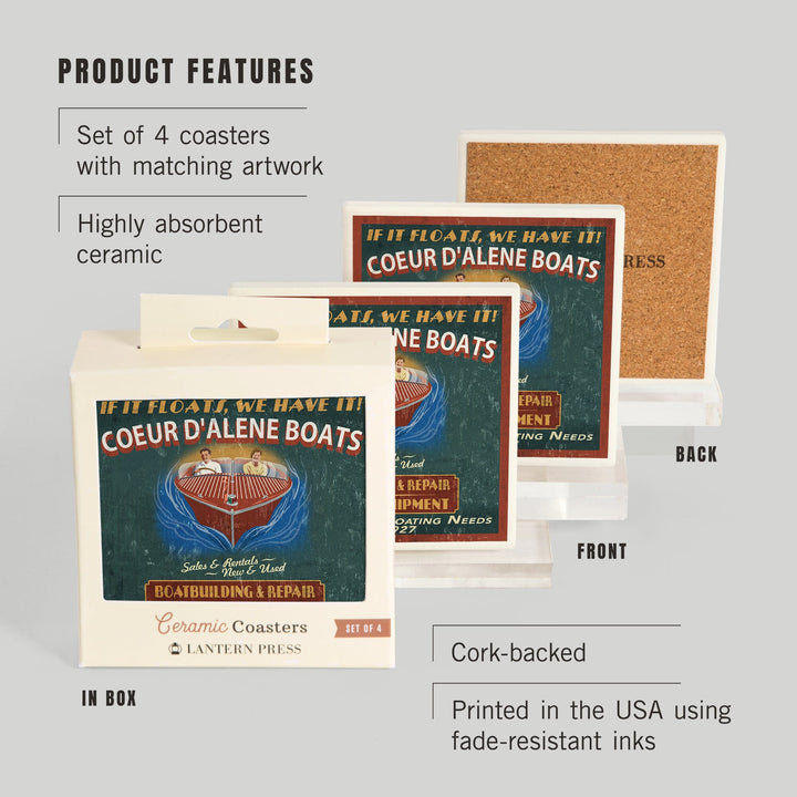 Coeur d'Alene, Idaho, Wooden Boats Vintage Sign, Coasters Coasters Lantern Press 