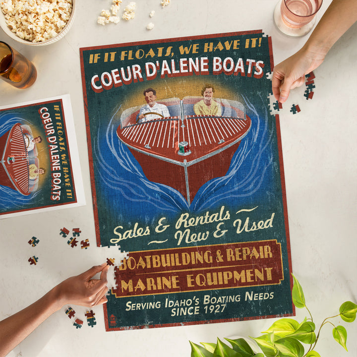 Coeur d'Alene, Idaho, Wooden Boats Vintage Sign, Jigsaw Puzzle Puzzle Lantern Press 